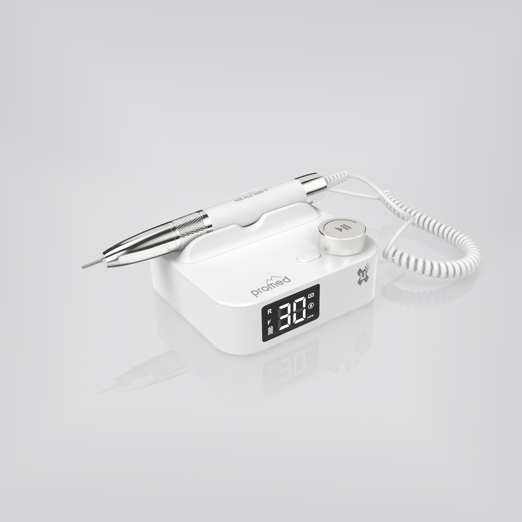 Promed The File 3030-X Akku-Nagelfräser 30.000 U/min – Profi Maniküre Pediküre Set, kabellose Nagelfeile elektrisch, Fußpflege Set elektrisch, Fräser Nägel - mit Brushless-Motor, USB-C, LCD-Display