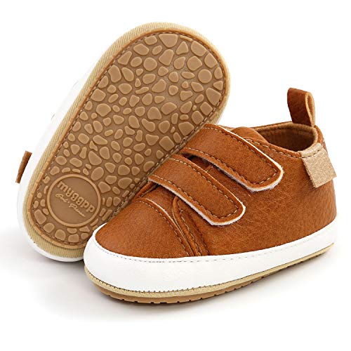 SOFMUO Baby Boys Girls High Top Ankle Leather Sneakers Soft Rubber Sole Infant Moccasins Newborn Oxford Loafers Anti-Slip Toddler Wedding Uniform Dress Shoes(A01/Brown,6-12 Months)