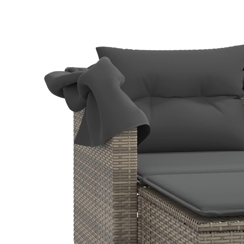 HUAKEHOM Gartensofa 2-Sitzer mit Dach und Hockern Outdoor Sofa Gartenmöbel Garten Lounge Set Terrasse Terrassenmöbel Zweisitzer Grau Poly Rattan