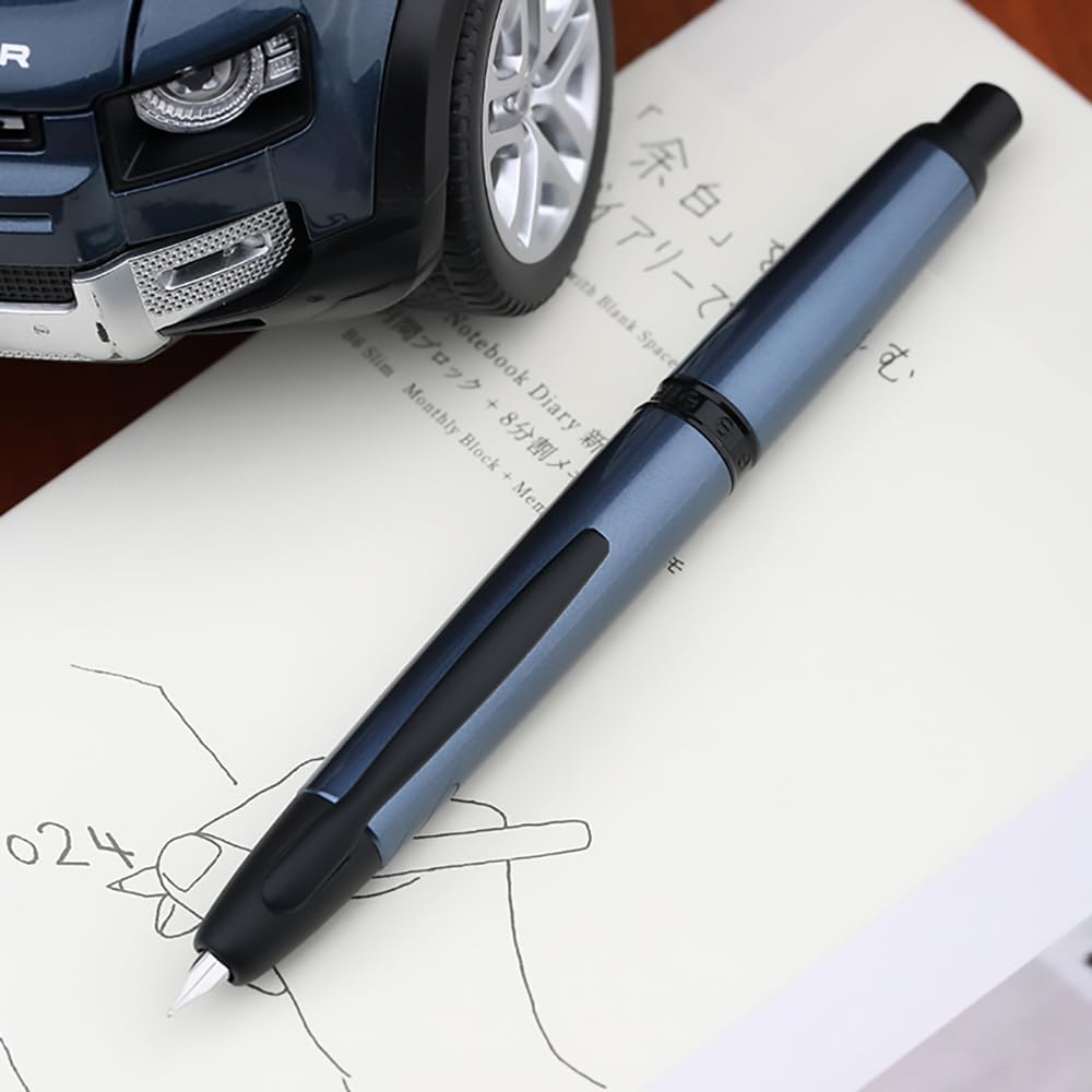 erofa Majohn A1 Press Fountain Pen Fine Nib with Box, Retractable Blue Metal Ink Pen with Converter Writing Set (Black Clip Version)