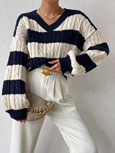 Image of SHENHE Women's Oversized Cable Knit Colorblock V Neck Striped Long Sleeve Sweater Pullover Multicolor XS