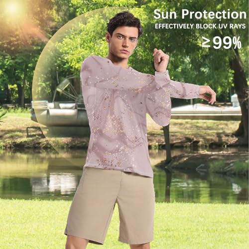 Rose Gold Liquid Marble Slim fit Long Sleeve Mens Sun Shirts UV Protection Long Sleeve Beach Shirts Summer UPF 50+4