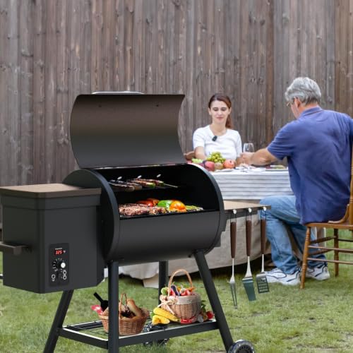 KingChii 456 SQ.IN Pellet Grill Smoker with Side Shelf, 8 IN 1 BBQ Grill with PID Temperature Control for Outdoor Cooking, BBQ Camping and Patio-Brown