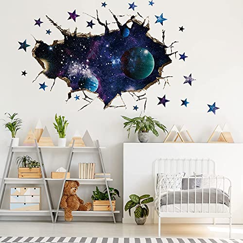 3D Space Galaxy And Star Wall Decor Stickers, Broken Outer Space Planet Art Wall Decals Removable Cosmic Planet Decor Murals Wallpaper For Boys Kid Bedroom Home Walls Decor (11.8"X17.7") #TOP2