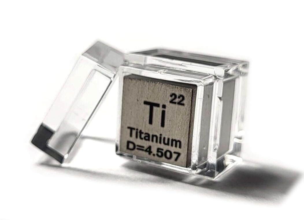 0.39" 10mm Titanium Metal Cube Ti up to 99.9% Pure Periodic Table Element Engraved Density Collection Science Education Display Block Cube + Acrylic Case Box - 1PC