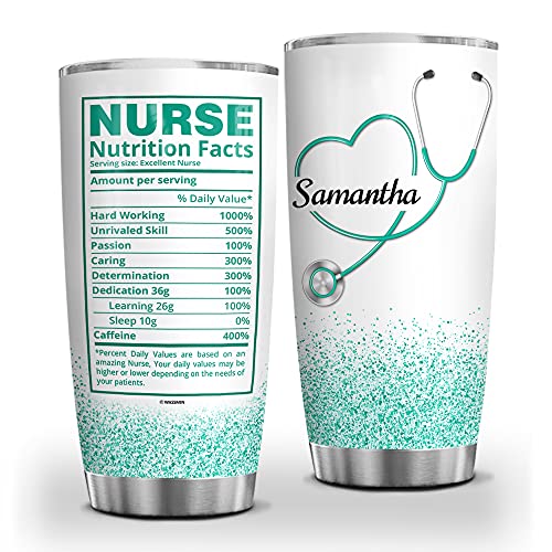 Wassmin Personalized Nurse Nutrition Facts Stethoscope Tumbler Cup With Lid Vacuum Insulated Travel Mug 20oz 30oz Birthday Christmas Week Appreciation Gift Nurses Female Women Nursing School (Green 3)