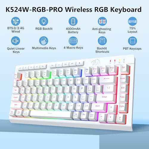 Image of Redragon Wireless Gaming Keyboard, Bluetooth /2.4GHz /USB-C Wired, RGB Backlit, Portable 75% Mini Quiet Macro Membrane Keyboard, Rechargeable 4000mAh Battery, Anti-Ghosting for Win /MAC, White