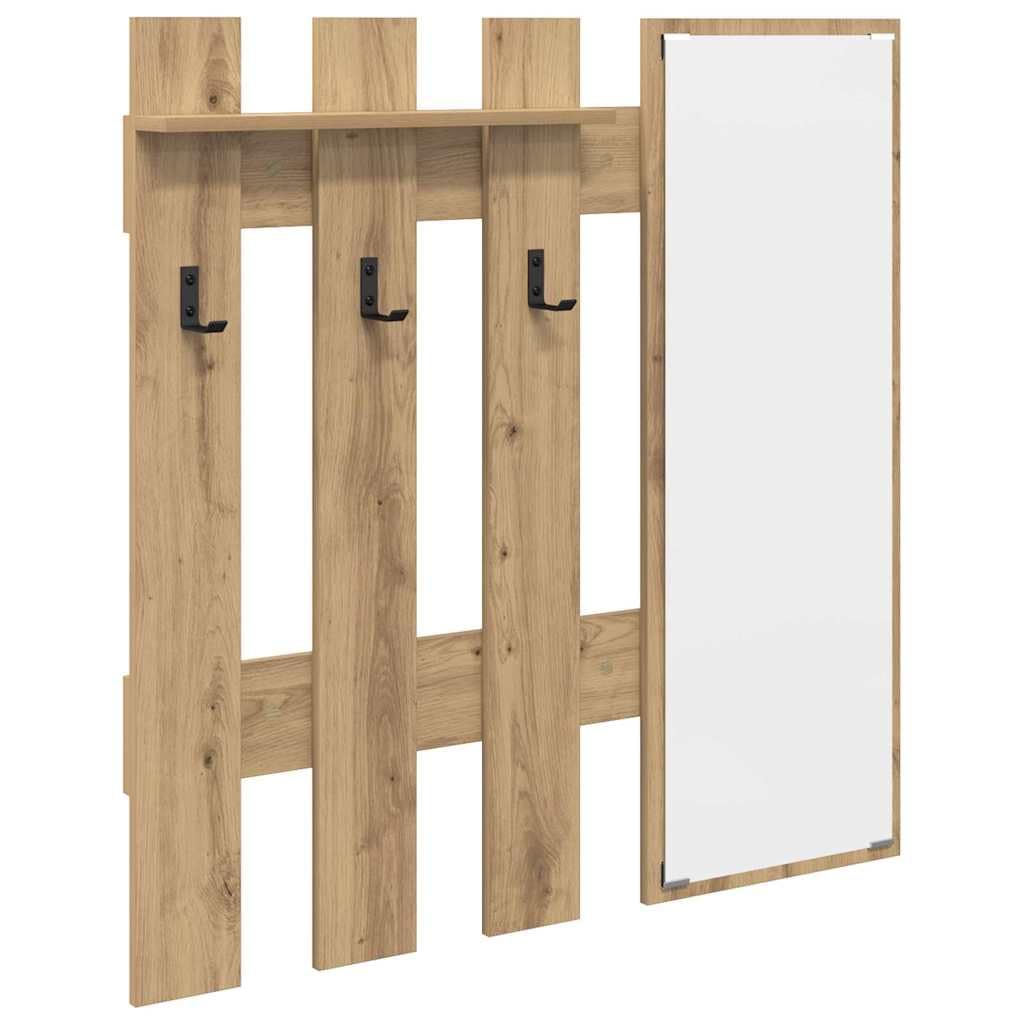 Porte-manteau mural miroir étagère bois chêne moderne panneau vestiaire entrée