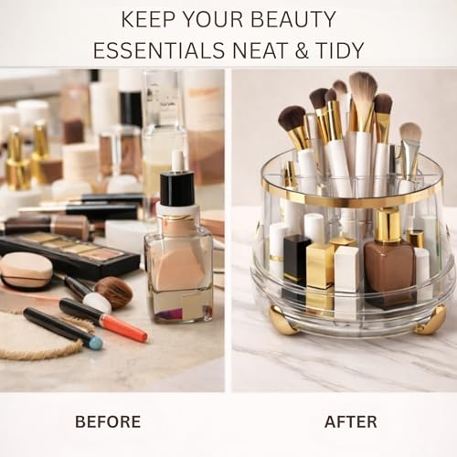 Image of KREPS 360 Rotating Makeup Brush Holder with Lid, Makeup Organizer for Nail Polish Perfume Lipstick Pen-Pencil Paint Brush Stationary, Multifunctional Dressing Table Storage.