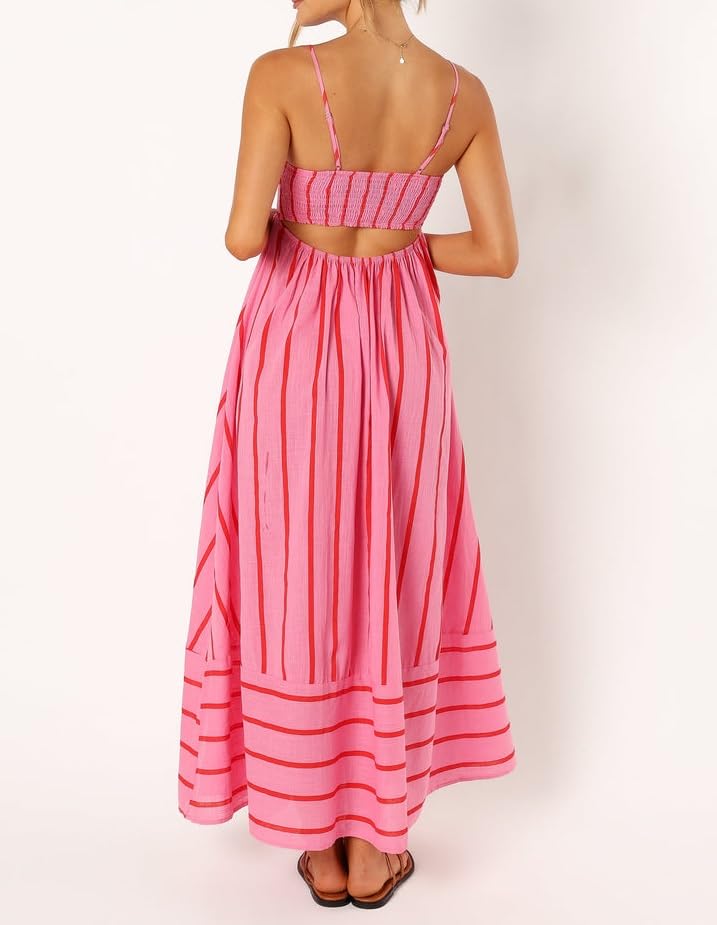 Image of NUFIWI Women Summer Striped Maxi Dress Spaghetti Strap Cutout Ruffle Long Dress Flowy Swing Beach Vocation Dress