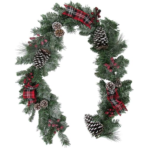 Fraser Hill Farm 6-Ft. Christmas Lightly Frosted Garland with Pinecones, Berries, and Plaid Bows