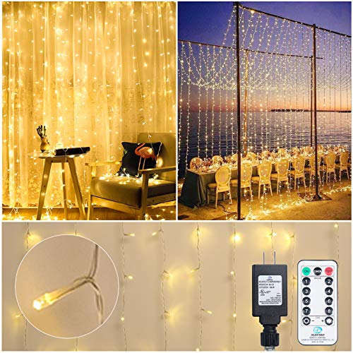Curtain Lights 300 LED 9.8 x 9.8 Feet Fairy String 8 Modes Dimmable Timer with Remote Connectable Bedroom Wall Decor Window Indoor Bathroom Dorm Room Party Wedding Hanging Twinkle Lights Warm White