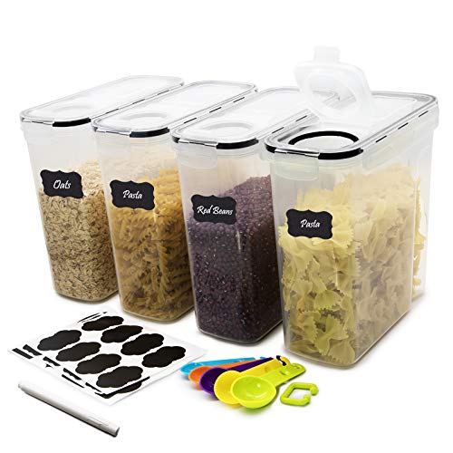 DDF iohEF Large Food Storage Containers Set, 4 PACKS 4L /135 oz Airtight Cereal Containers, BPA Free Plastic, for Kitchen Pantry Organization and Storage - Labels, Marker and Spoons Set
