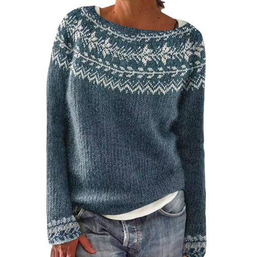 Pullover Damen, Langarmshirt Damen Winter, Norweger Pullover, Oversize Sweatshirts, Rundhals Winterpullover, Warmer Strickpullover, Langarm...