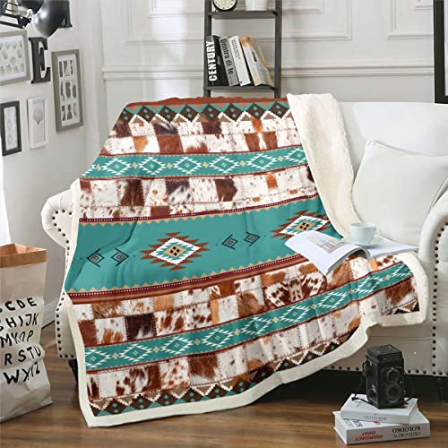 Cowhide Blanket Western Throw Blanket 60"x80",Farm Animals Skin Fleece Blanket Southwest Style Native American Designs Geometry Bed Blanket,Patchwork Western Home Decor Rustic Farmhouse Deco