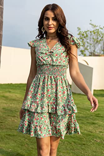 Image of PRETTYGARDEN Womens Summer Dresses Boho V Neck Floral Print Ruffle Sleeve Layered Mini Dress Cute Smocked Waist Short Dress