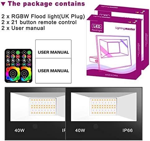LED Floodlight Outdoor 40W 4000LM, Colour Changing Flood Lights, RGB 120 Colours and Warm White, Timing Remote Control,IP66 Waterproof UK3-Plug (2 Pack)