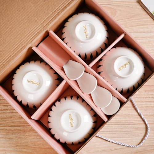 Image of Nestasia Set of 4 Soup Bowl with Spoon (350ml Each) - Ceramic Microwave & Dishwasher Safe Bowls for Serving Soup, Curry, Custard, & Dessert | Teardrop Design Bowl Set Perfect for Gifting & Daily Use