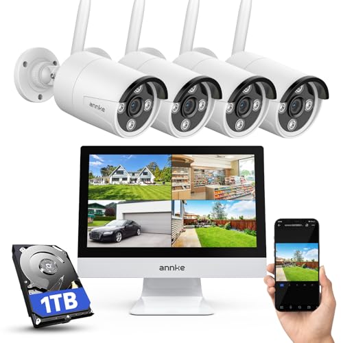 ANNKE 3MP Überwachungskamera Set Aussen WLAN mit 12Monitor 10CH 4K Wireless NVR mit 4 Pcs 3MP WiFi Kameras 2-Wege-Audio Personenerkennung 24/7 Aufnahme 30M Nachtsicht für Aussen Innen 1TB HDD