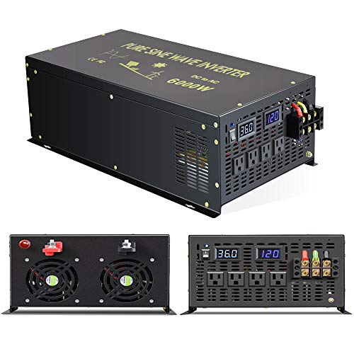 Reliable 6000W Continuous Power Heavy Duty Pure Sine Wave Power Inverter DC 36V to AC 110V 120V with 4 AC Outlets 50Amps Hardwire Terminal and LED Display for RV Car Solar System Emergency