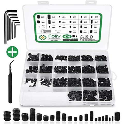 Foliv 676 Stück Madenschrauben Sortiment Set M2 M3 M4 M5 M6 M8 Madenschrauben/Innensechskant Gewindestifte DIN 913,Sechskantkopf Schrauben mit Schraubenschlüssel für Türgriff, Türklinke, Halterung Cover