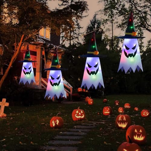 4 Stück LED Geister mit Hexenhu für Halloween Deko Outdoor,LED Halloween Horror Dekoration für Garten Rasen Gruselig Outdoor,Hängende Gespenster Dekorationen