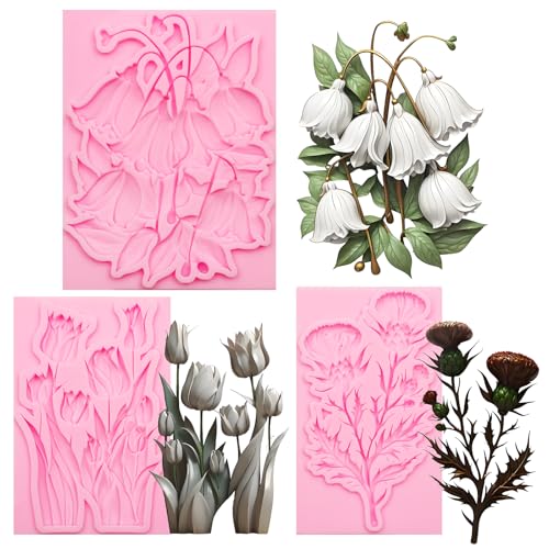 Floral Silicone Fondant Molds, Set of 3, Tulip Thistle Bellflower