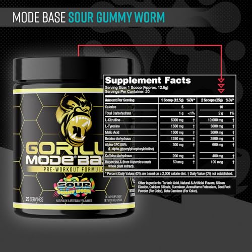 Image of Gorilla Mode Base Pre Workout - Raises Nitric Oxide . Intense Focus & Drive . Endurance . Power - L-Citrulline, L-Tyrosine, Betaine, Alpha-GPC, Caffeine, Huperzine A - 250 Grams (Sour Gummy Worm)