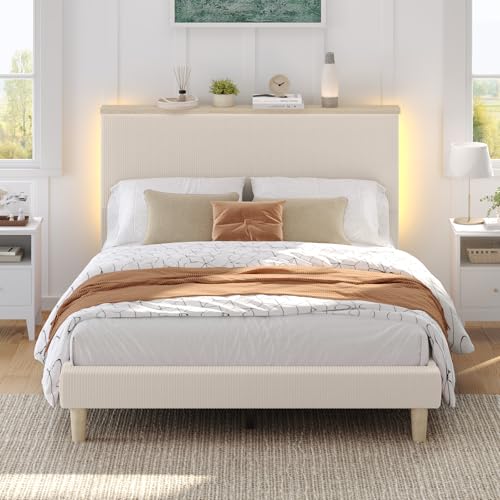 Image of Bestier Twin Bed Frame with Adjustable Headboard & LED, Upholstered, Beige