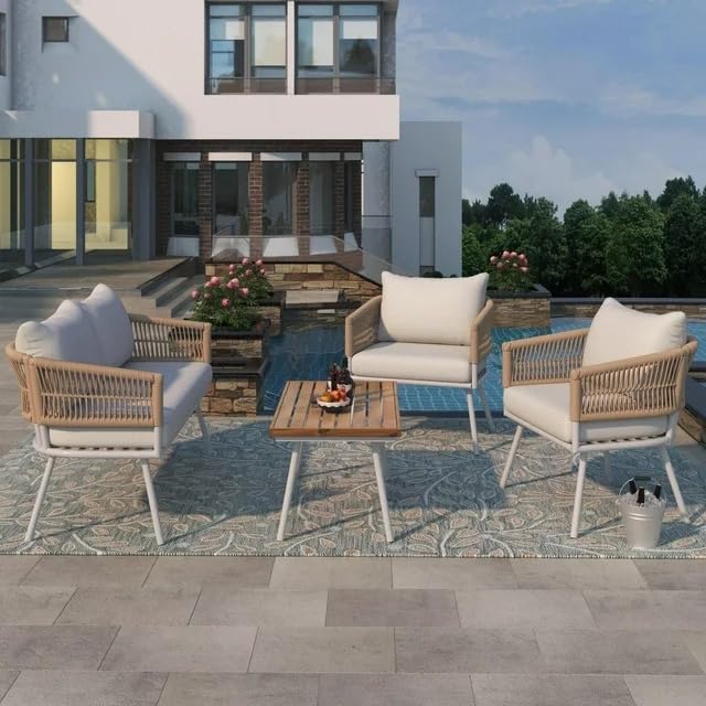 Image of 4 Seater Outdoor Rope Sofa Set | Modern Patio Furniture with All-Weather Woven Rope | Stylish & Comfortable Garden Lounge Seating (Beige)