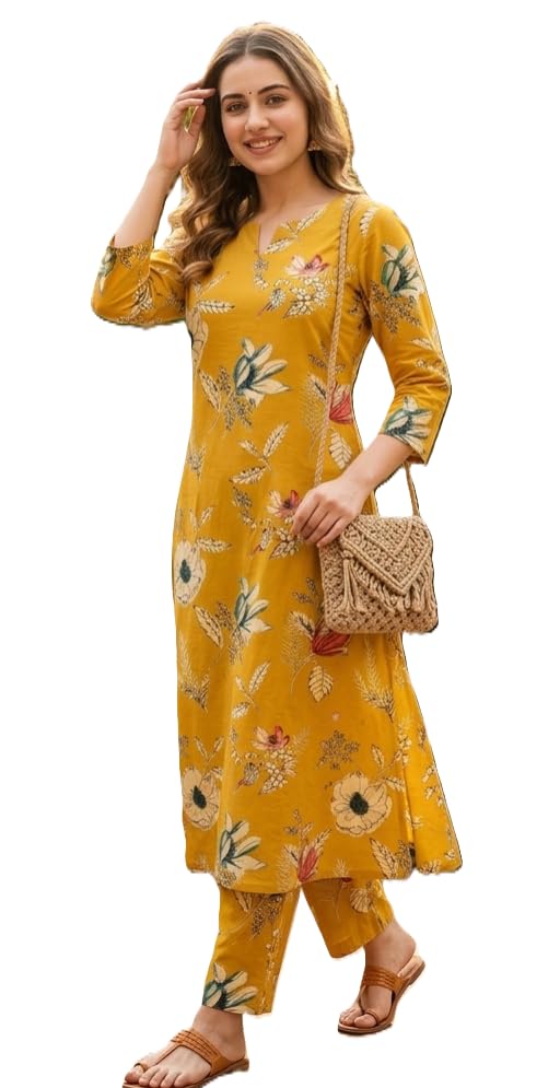 Image of CREATION & YOU Women Cotton Printed Kurta with Palazzo Set | Work /Office Wear Kurta Set for Women