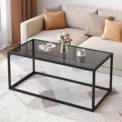 SAYGOER Glass Coffee Table Modern Coffee Tables Simple Rectangular Center Table with Open Space for Living Room Home Office,39.3 x 19.7 x 17.7Inches, Gray Black Cover