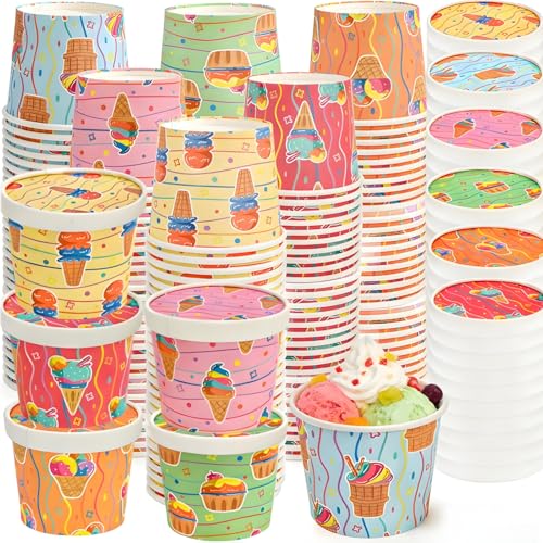 ELFULLY 60 Pack Ice Cream Cups with Lids 8 oz Paper Treat Cups Disposable Dessert Bowls for Hot and Cold Food Colorful Snack Containers for Sundae Salad Fruit Frozen Yogurt Party Supplies