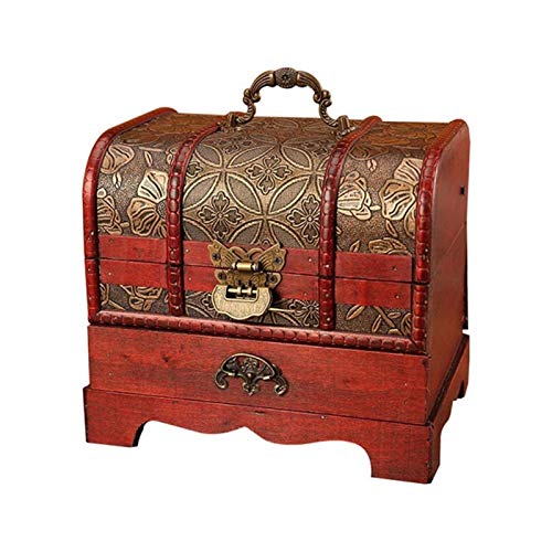 GANFANREN Large Vintage Metal Lock Trinket Jewelry Storage Box Organizer Handmade Decorative Wooden Treasure Case Chest Gift