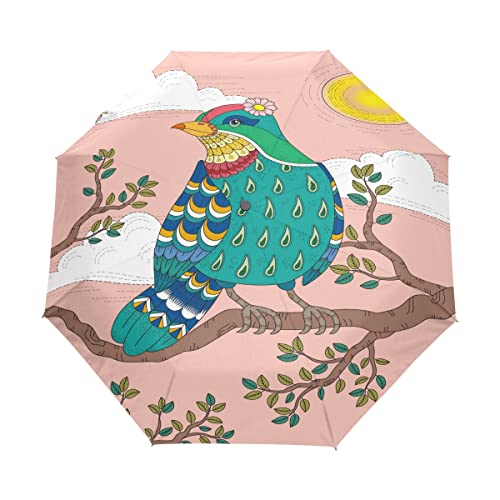 Parapluie automatique et compact oiseau ciel rose résistant aux tempêtes