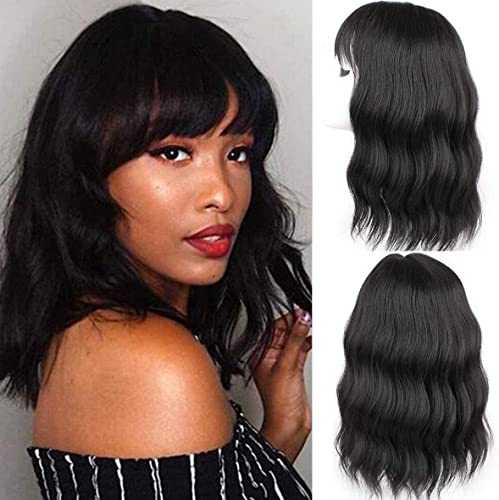 Leeven 14 Pouces Perruque avec frange Naturelle Perruque Courte pour Femme Bouclé Mode Perruques Synthétique Court Bob Wig pour Daily Party Cosplay/ Noir