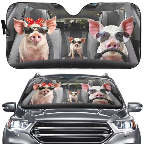 Personalized Foldable Windshield Sun Shade Funny for Car Truck & SUV Pig Driving Auto Front Windshield Sunshade Protector Blocks UV Rays and Keep Vehicle Cool(57x27.5 Inches)