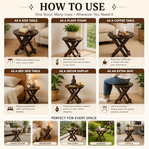 Image of Beautiful Antique Hnadmade Wooden Fold-able Side Table /Coofe /Tea Time /Outdoor /Balcony /End Table /Plant Stand /Stool Living Room Kids Play Portable Furniture Table Round Shape