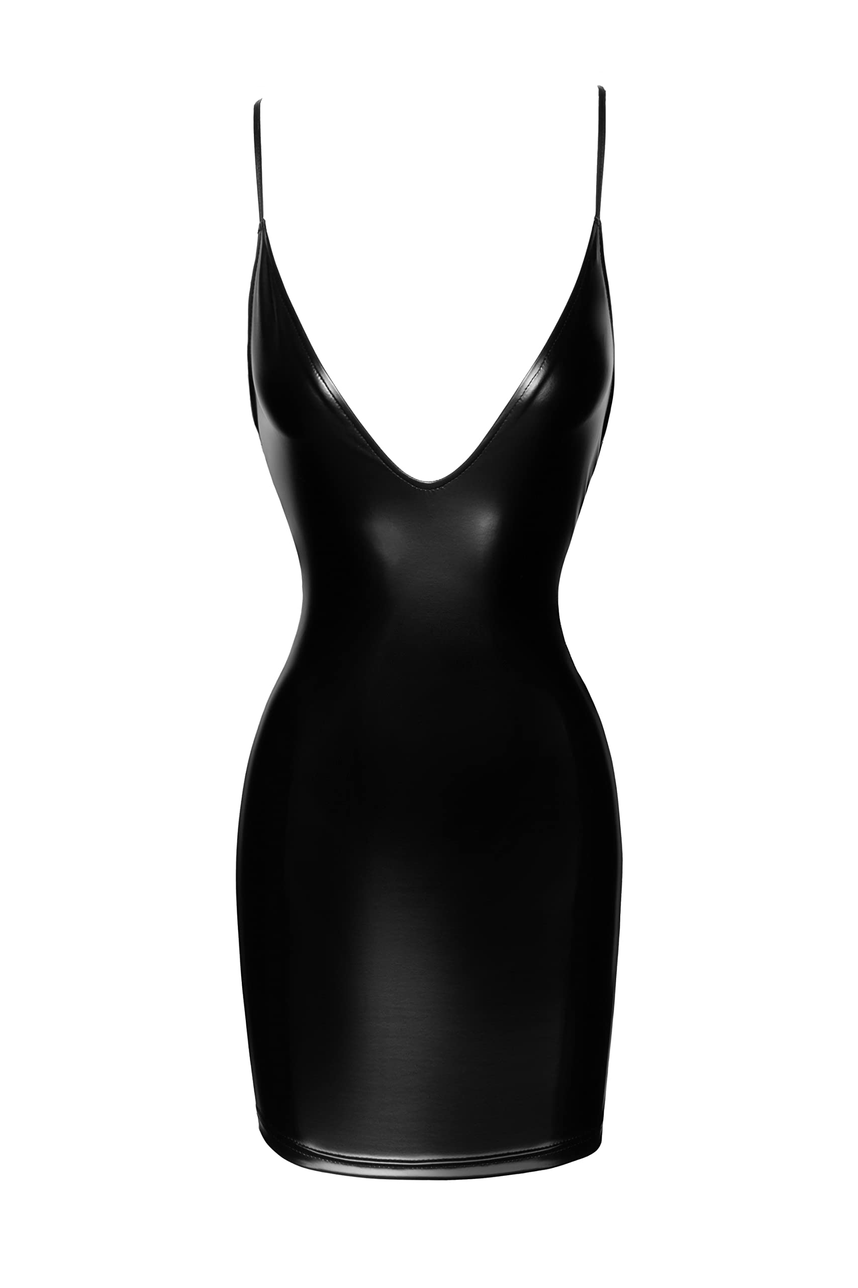 Noir Handmade Knappes Damen Dessous Wetlook Minikleid in schwarz mit Spaghettiträgern und hinterer Schnürung rückenfrei