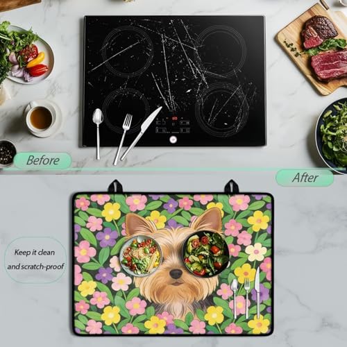 Image of Poceacles Stove Cover for Stovetop, Induction Electric Stove Top Protector Oil Resistant Heat Resistant Washer Dryer Top Mat, 29 inch x 21 inch, Yorkshire Terrier Puppy Yorkie Dog Floral Pattern