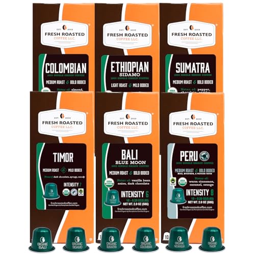 Image of Fresh Roasted Coffee, Organic Single-Origin Variety Espresso Capsules for Nespresso OriginalLine, USDA Organic, Kosher, 60 Recyclable Aluminum Capsules