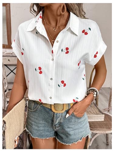 SweatyRocks Women's Cherry Print Short Sleeve Blouse Collar Button Down Textured Casual Shirts4