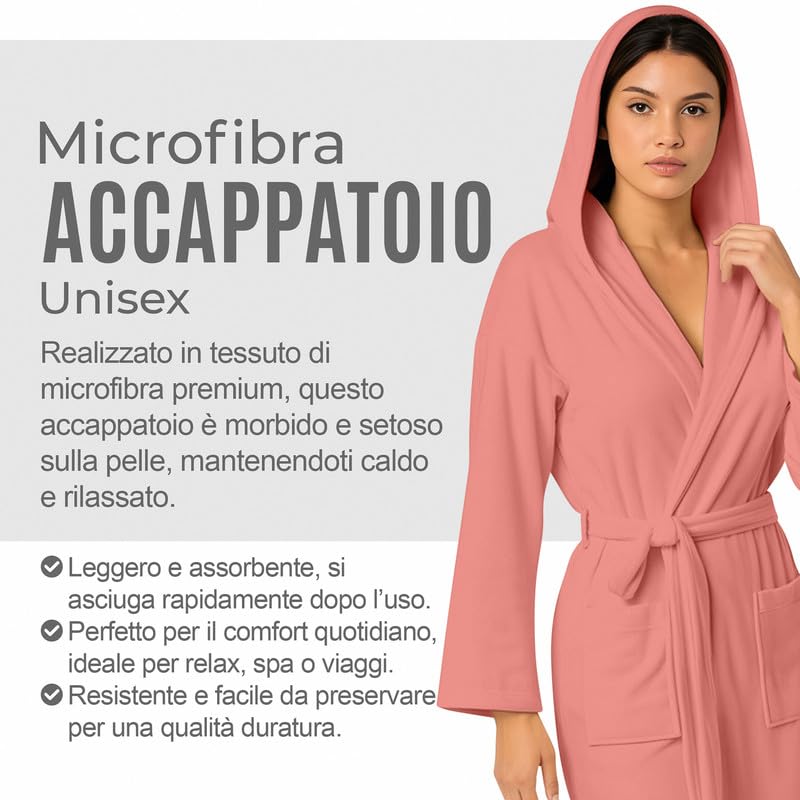 NARCISO - Accappatoio Uomo Donna Microfibra Economico con Tasche Cappuccio e Cintura, Ideale per Casa, Viaggio, Palestra, Tessuto Morbido e Comodo, Taglie dalla S alla XXL