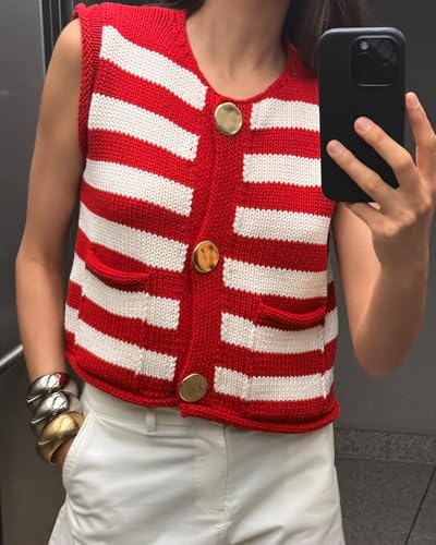 Locachy Women's Gold Button Down Striped Sweater Vests Crew Neck Sleeveless Knit Crop Tank Tops4