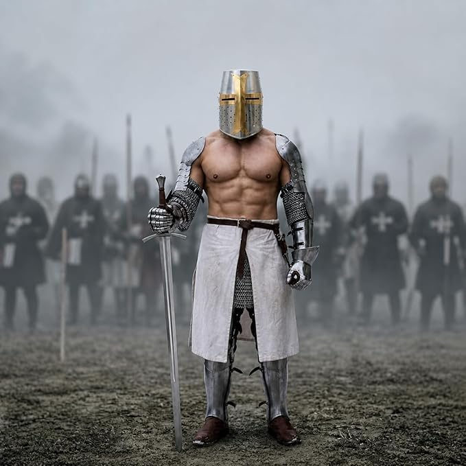 Średniowieczny hełm rycerza krzyżowca, stal o grubości 18, polerowane srebro z mosiężnymi akcentami krzyżowymi, wielki hełm na całą twarz, do LARP, Cosplay, rekonstrukcji