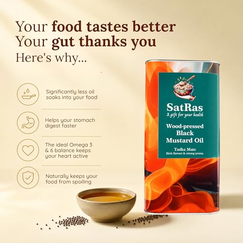 Image of SatRas Wood Pressed Mustard Oil 5 Ltr | Cold Pressed Kachi Ghani Sarso Oil | Wooden Kolhu Extracted Black Mustard Oil | Rich in Omega 3, 6 & Vitamin E, Unrefined, Chemical Free, Pure Indian Edible Oil