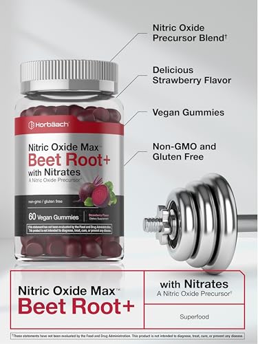 Image of Horbaach Nitric Oxide Beet Root Gummies | 60 Chews | with Nitrates, Vitamin C & Black Pepper | for Men & Women | Strawberry Flavor | Vegan, Non-GMO, Gluten Free Supplement