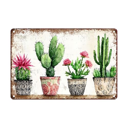 Four basins Cactus Metal tin Sign Watercolor Cactus Tin Sign Green Plant Wall Decor for Home Living Room Kitchen Garden Bedroom Office Hotel Cafe Decoration 8X12Inch