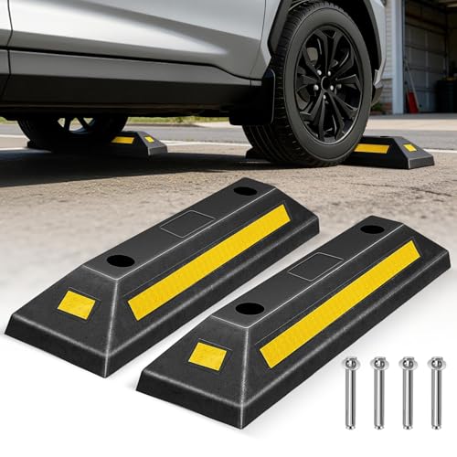 Auto Dynasty 2Pcs Heavy Duty Parking Aid for Garage, 21" Rubber Tire Stops for Garage Floor, High Visibility Garage Car Stopper with Reflective Safety Strips for Car Curb Floor Parking Lot