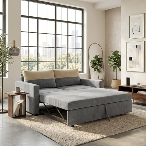 Image of SOCOZI Enrique 2 Seater Sofa Cum Bed | Soft Velvet Suede Fabric | Modern Convertible Design | Plush Comfort Seating for Living Room (Light Grey)
